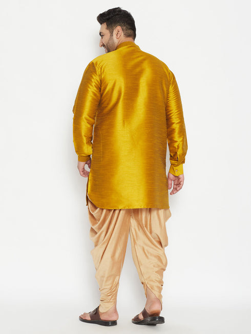 Vastramay Men's Plus Size Mustard Silk Blend Curved Kurta Dhoti Set